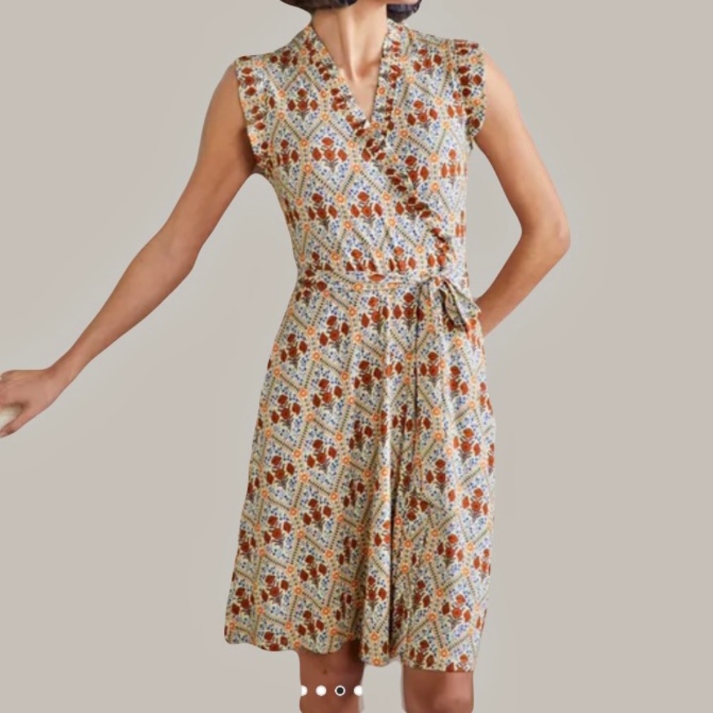 BODEN Ruffle Fixed Wrap Jersey Dress Women’s 4 Red White Poppy Print Stretchy